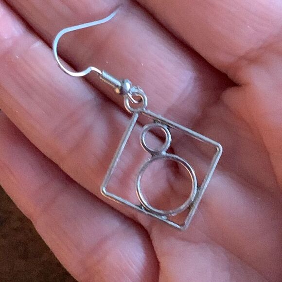 Geometric Square & Circle Dangle Earrings - Aged Silver Finish, Vintage Style - Picture 5 of 9